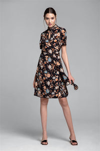 Kimono-style silk wrap dress with oriental print in black