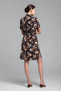 Kimono-style silk wrap dress with oriental print in black