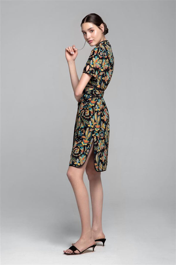 Kimono-style silk wrap dress with oriental floral print in black