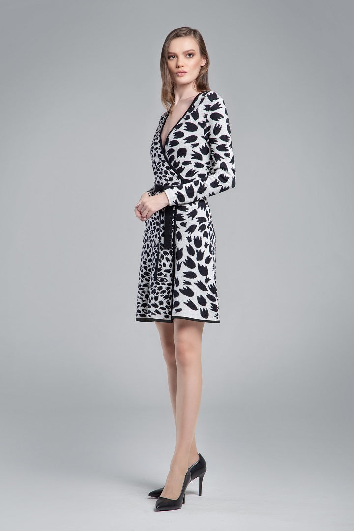 Jacquard-knit monochrome wrap dress with animal pattern