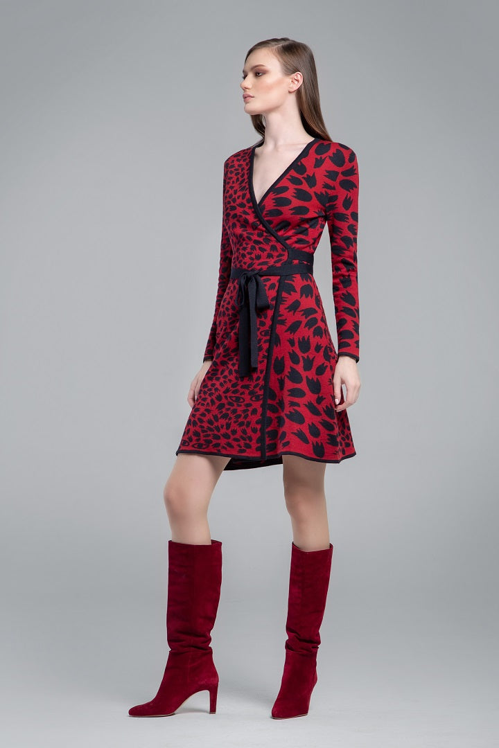 Jacquard-knit wrap dress with animal pattern in red