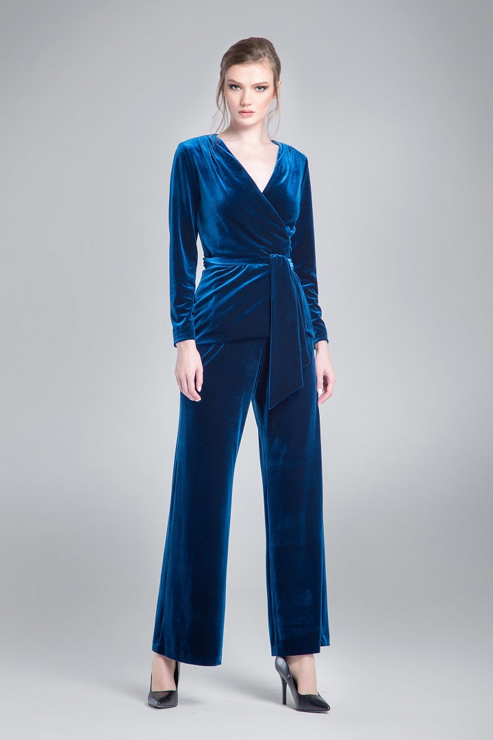 Velvet wrap jacket with a self-tie sash in royal blue