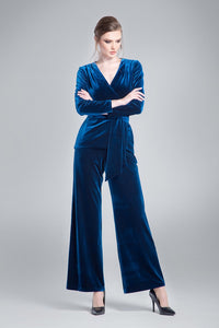Velvet wide-leg trousers in royal blue