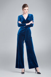 Velvet wrap jacket with a self-tie sash in royal blue