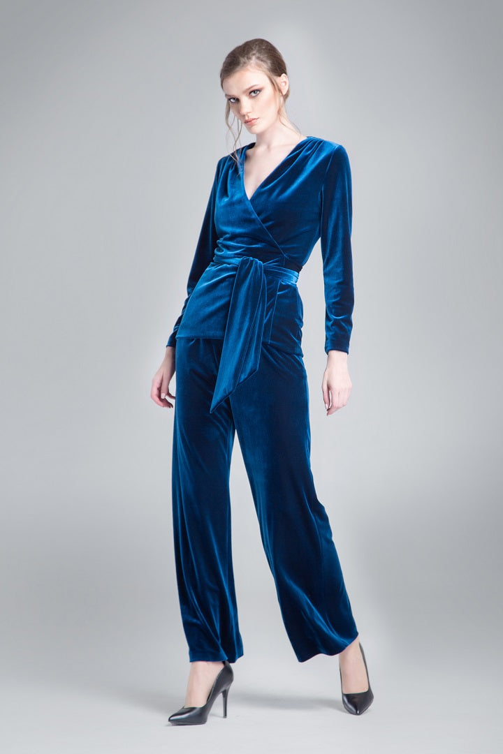 Velvet wrap jacket with a self-tie sash in royal blue