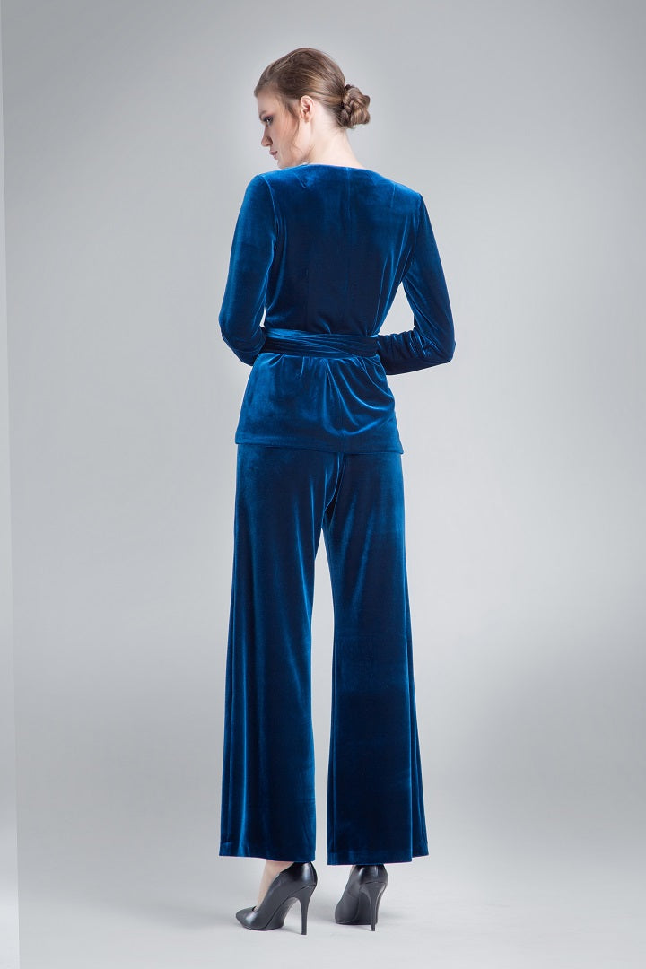 Velvet wrap jacket with a self-tie sash in royal blue
