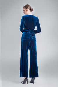 Velvet wrap jacket with a self-tie sash in royal blue