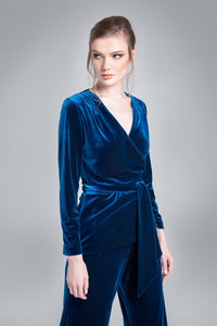 Velvet wrap jacket with a self-tie sash in royal blue
