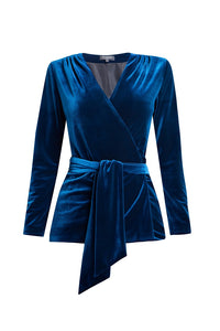 Velvet wrap jacket with a self-tie sash in royal blue