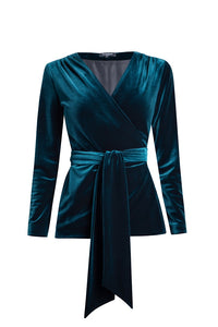 Velvet wrap jacket with a self-tie sash in emerald green
