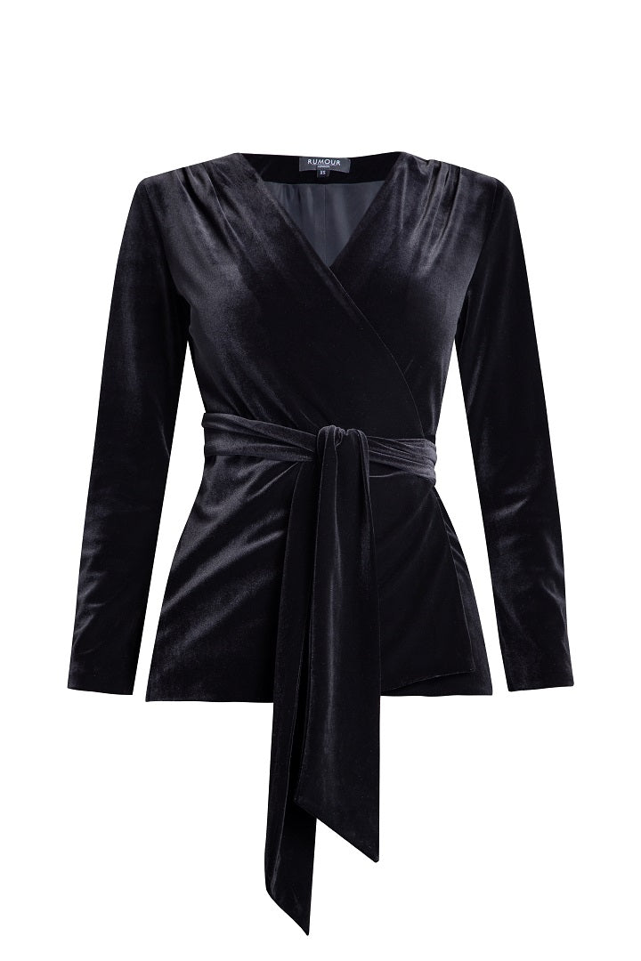 Velvet wrap jacket with a self-tie sash in black