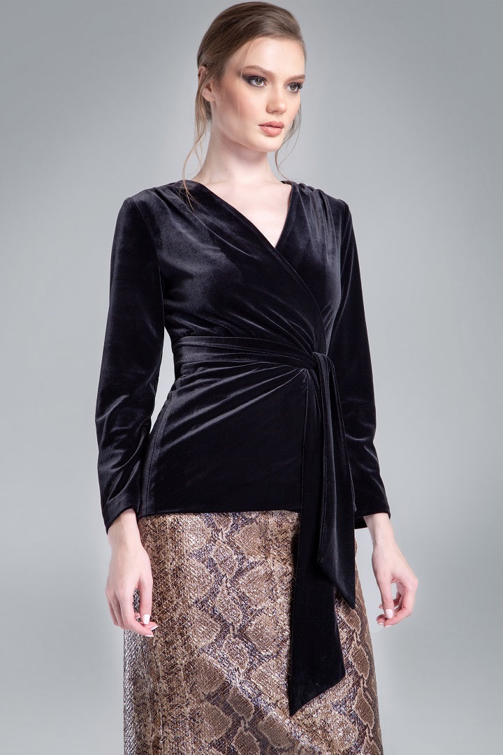 Velvet wrap jacket with a self-tie sash in black