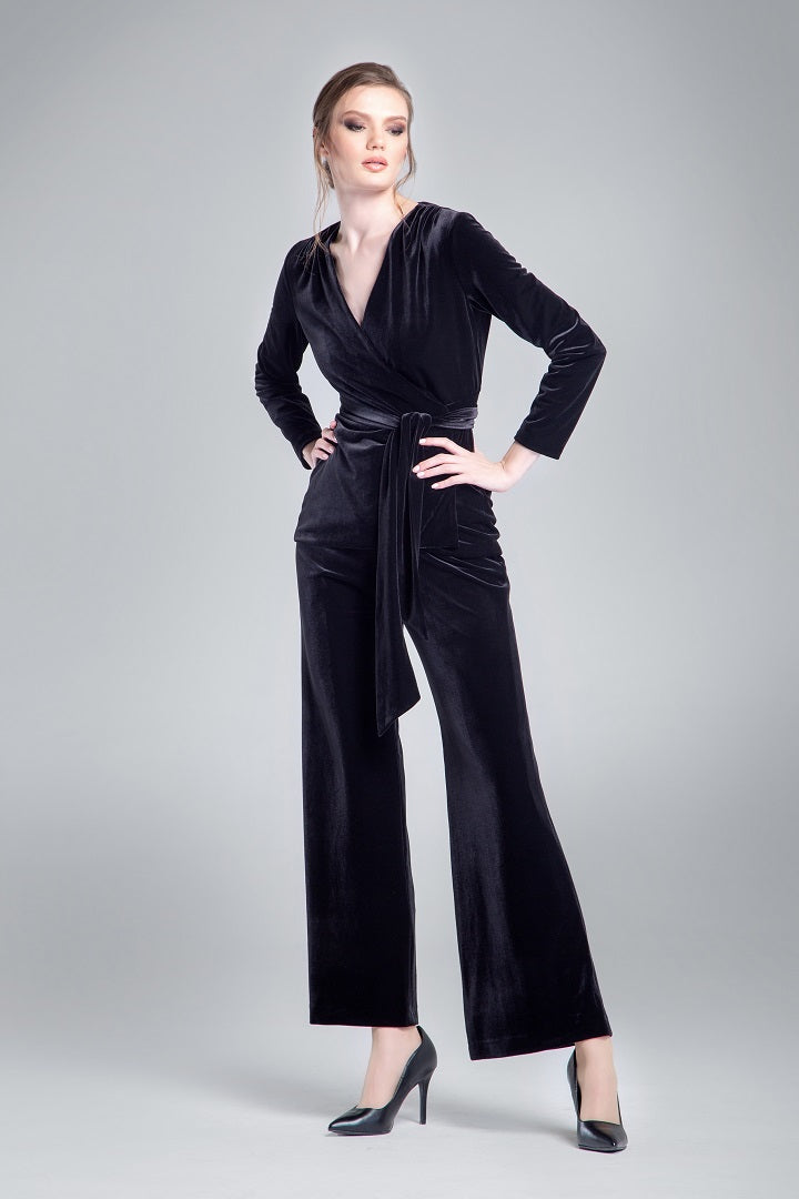 Velvet wrap jacket with a self-tie sash in black