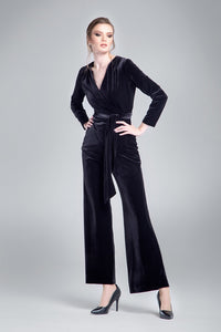 Velvet wrap jacket with a self-tie sash in black