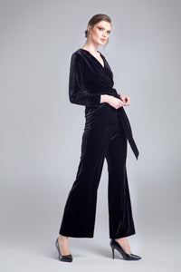 Velvet wrap jacket with a self-tie sash in black