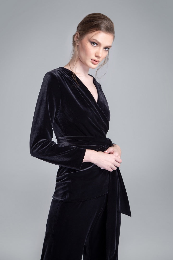 Velvet wrap jacket with a self-tie sash in black