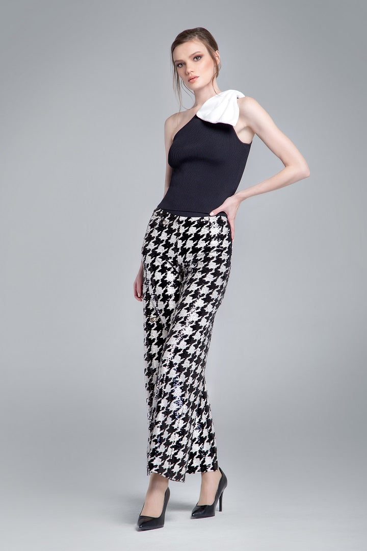 Sequined houndstooth wide-leg trousers