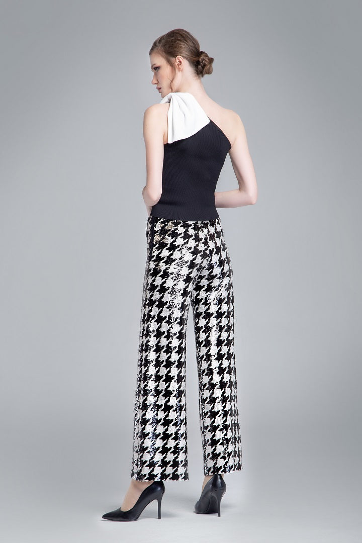 Sequined houndstooth wide-leg trousers