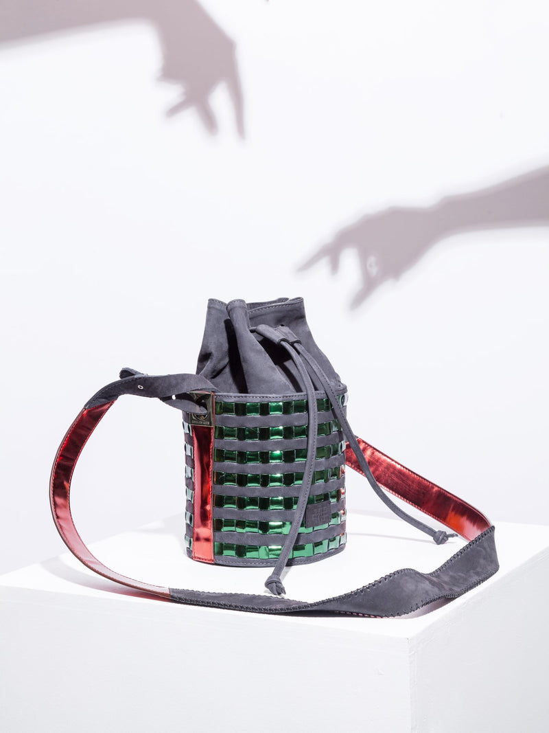 Mini circular bucket bag in black with striped green mirror effect