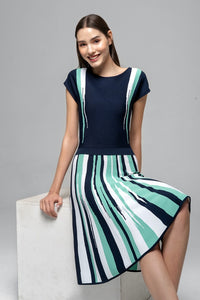 Striped knitted fit and flare dress in navy and turquoise
