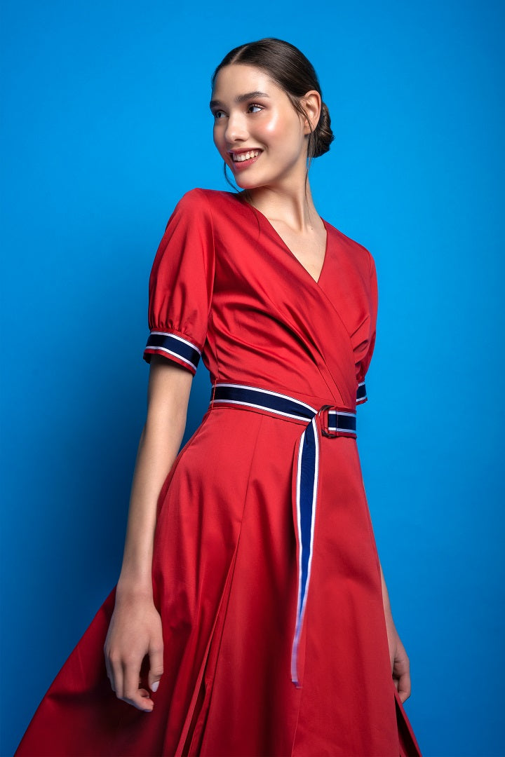 Red flared cotton poplin dress with slits