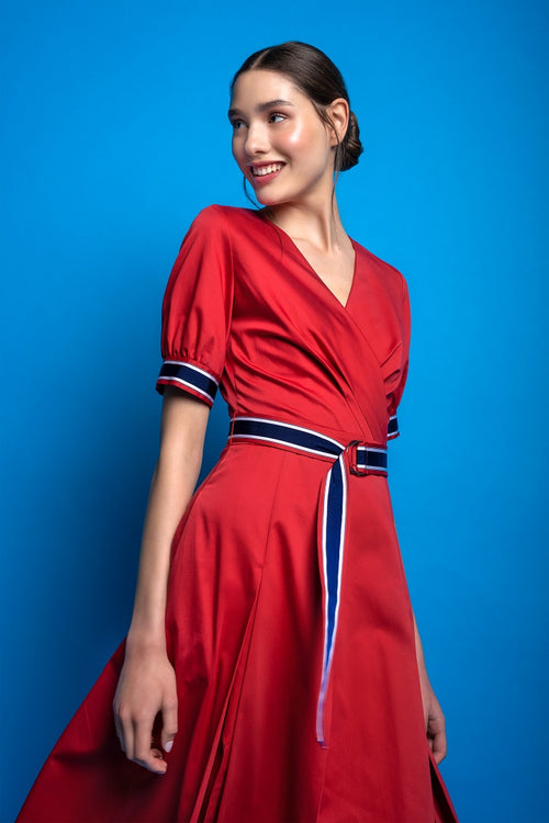 Red flared cotton poplin dress with slits