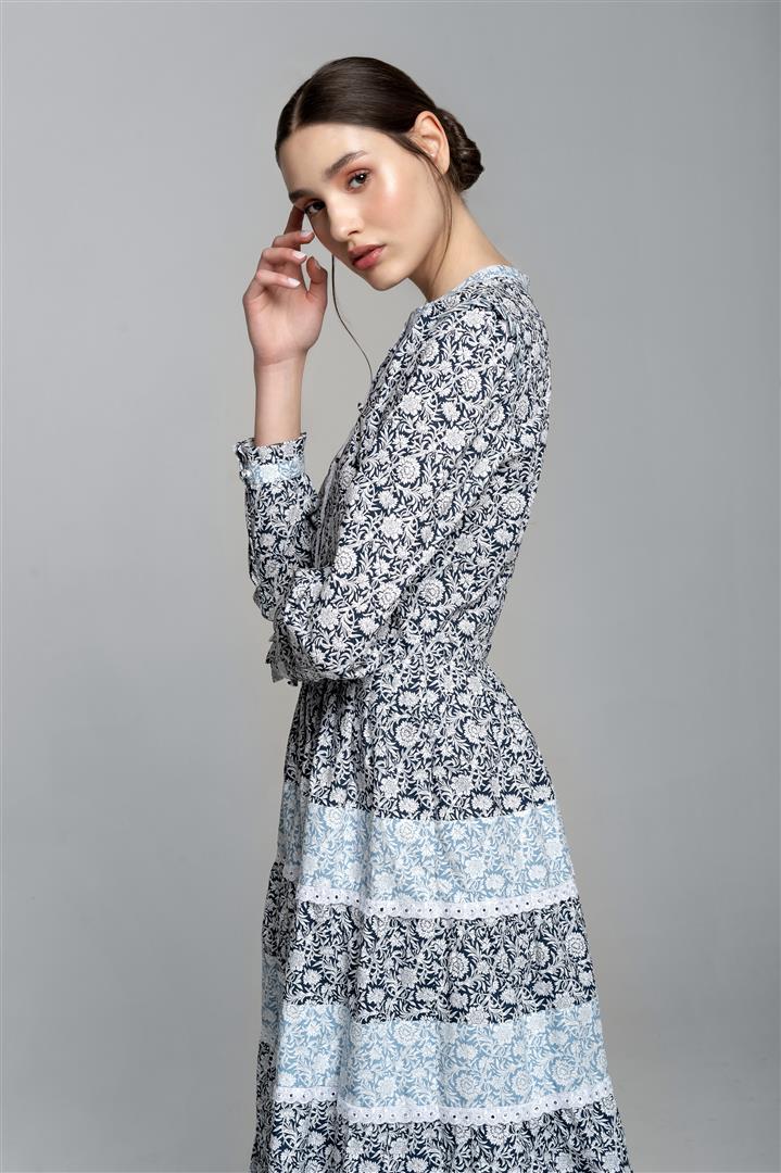 Printed poplin midi dress with embroidered trim