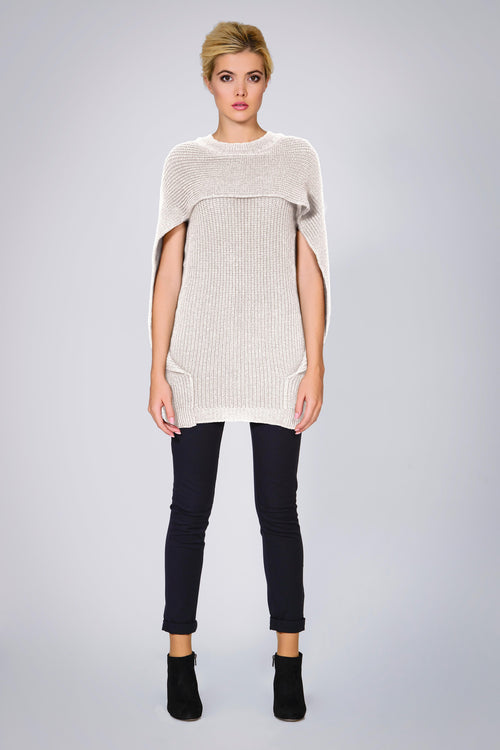 Ivory cape-effect merino wool ribbed knit sweater