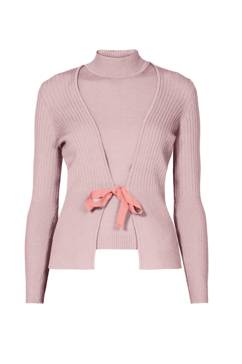 Powder pink wool cardigan and sleeveless top
