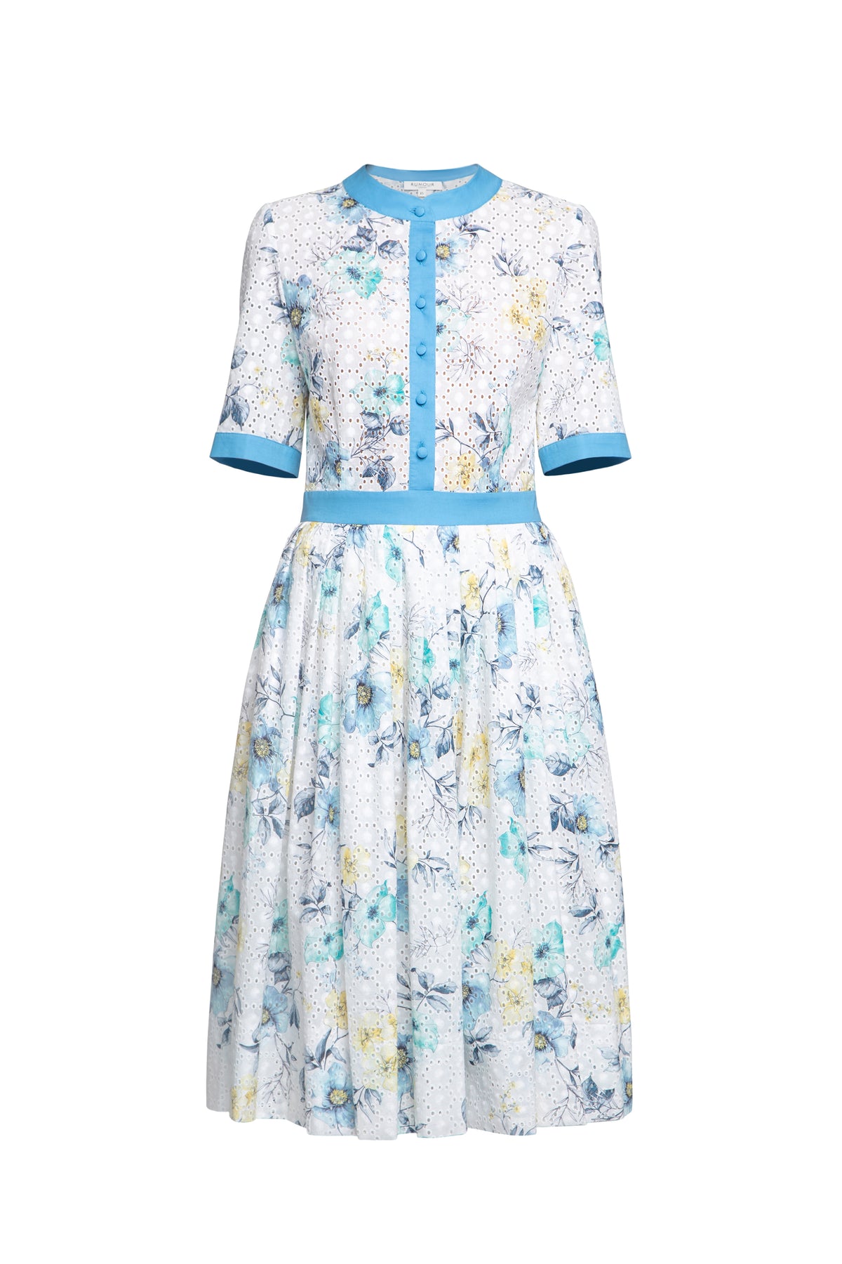 Floral Print Broderie Anglaise Midi Dress in Blue
