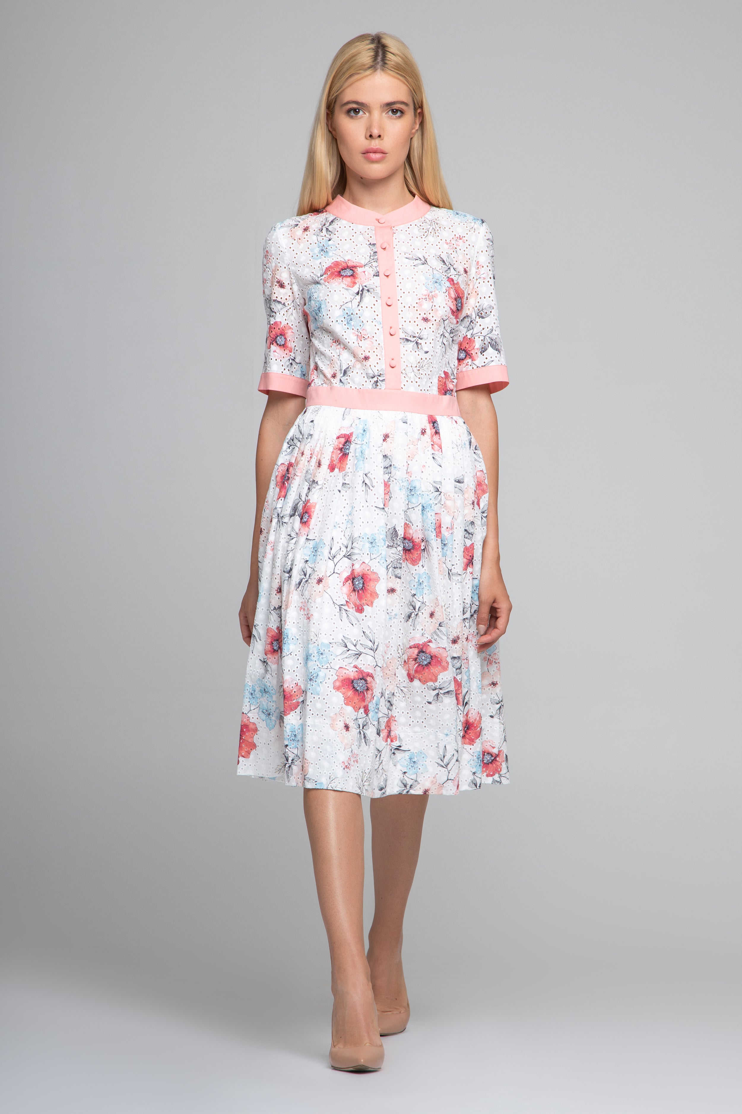 Floral Print Broderie Anglaise Midi Dress in Pink