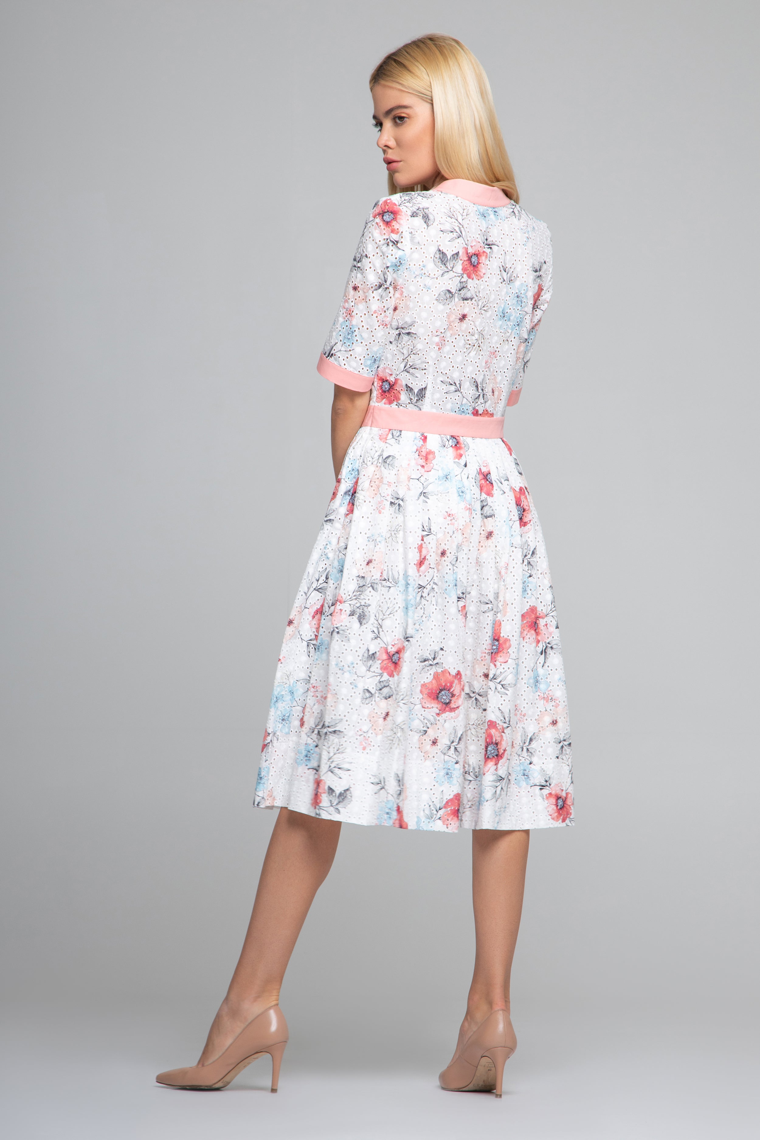Floral Print Broderie Anglaise Midi Dress in Pink