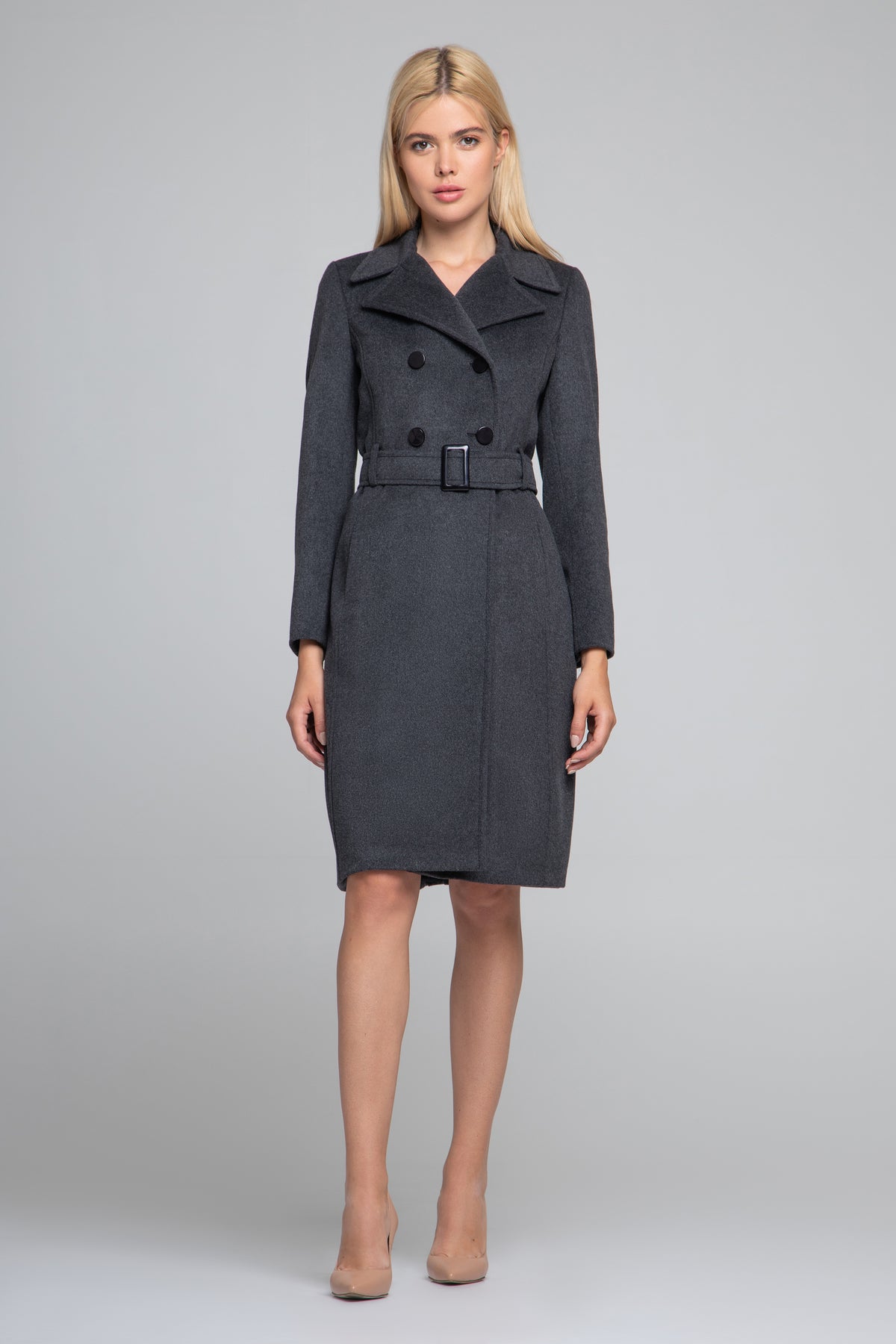 Grey wool and cashmere blend coat with double-breasted silhouette and pleated back