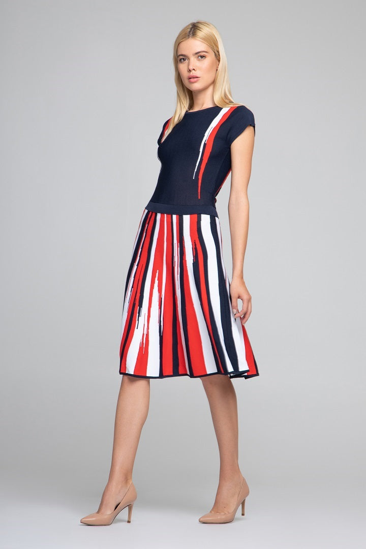Striped knitted fit and flare dress in navy and red