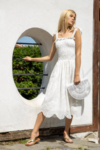Santorini broderie anglaise cotton midi dress with scalloped hem