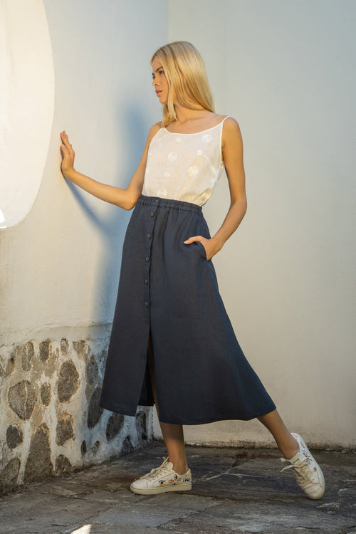 Provance pleated linen midi skirt with front split and buttons
