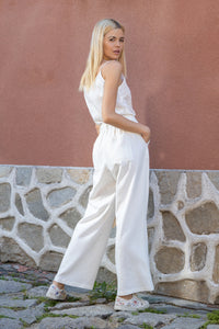 Ibiza linen long wide-leg trousers with detachable belt