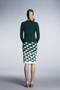 Forest green illusion houndstooth knitted jacquard dress