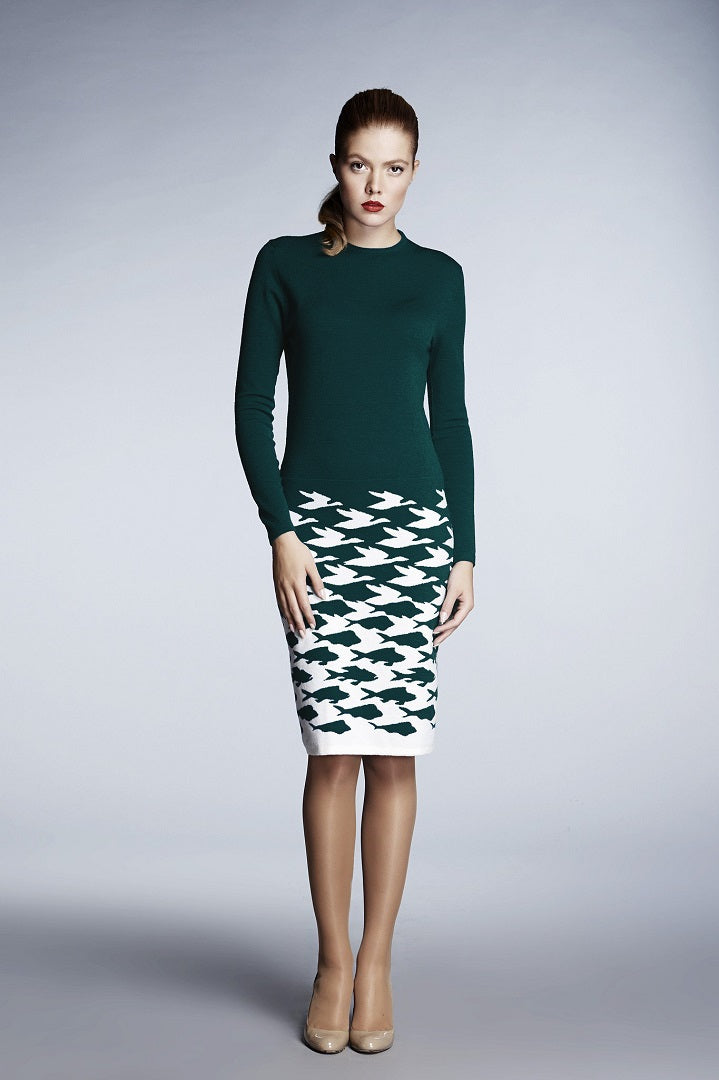 Forest green illusion houndstooth knitted jacquard dress