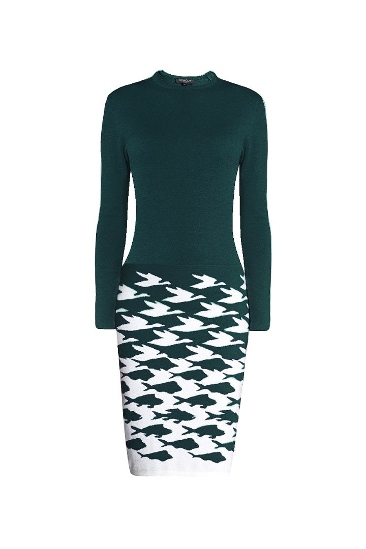 Forest green illusion houndstooth knitted jacquard dress