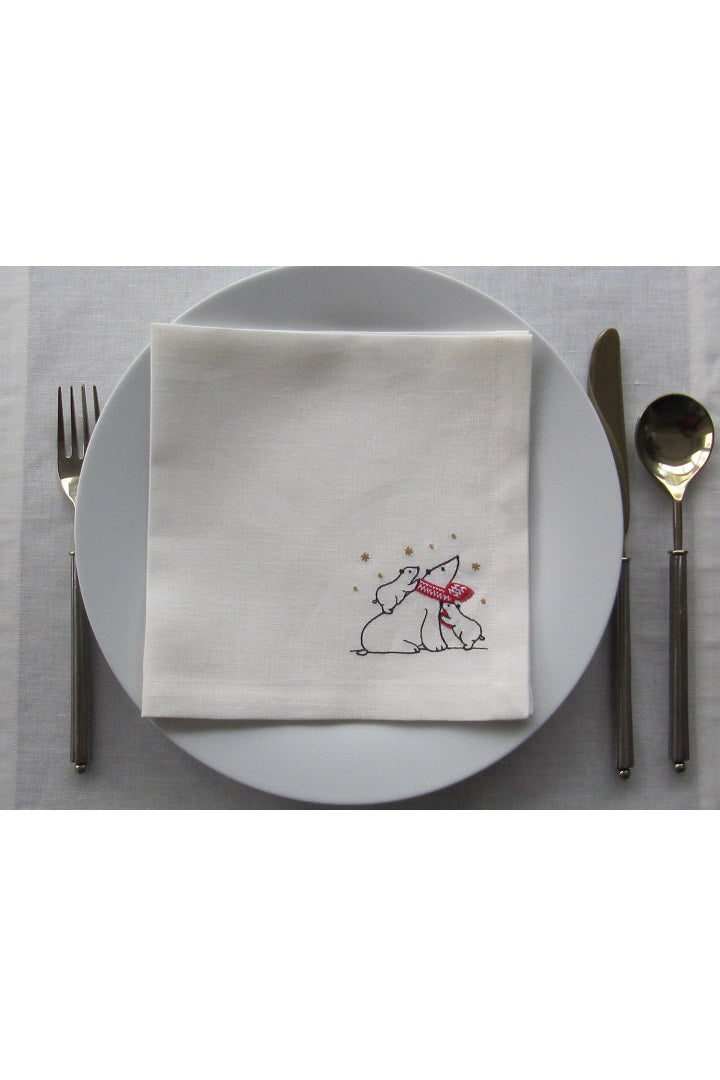 Set of 4 Embroidered Linen Napkins – Polar Bears