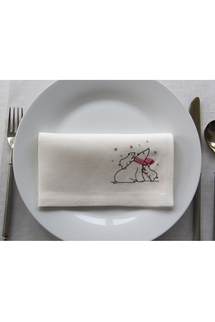 Set of 4 Embroidered Linen Napkins – Polar Bears