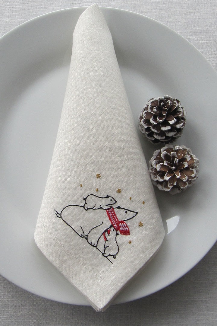 Set of 4 Embroidered Linen Napkins – Polar Bears