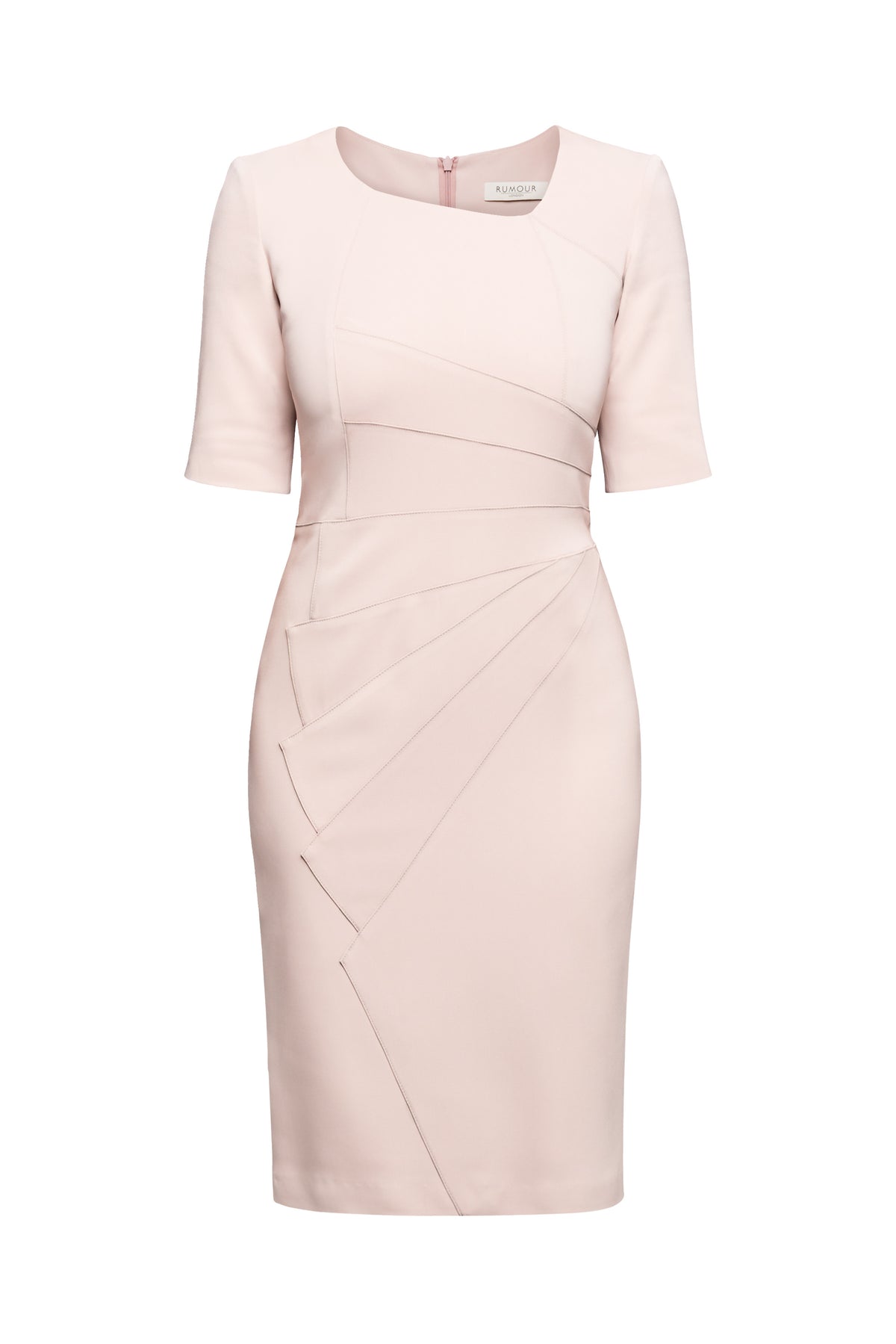 Powder Pink Fitted Knee Length Dress with Asymmetrical Neckline