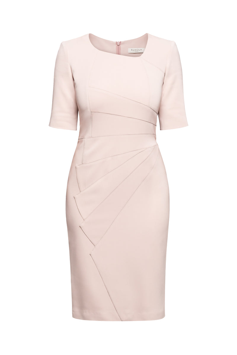 Powder Pink Fitted Knee Length Dress with Asymmetrical Neckline