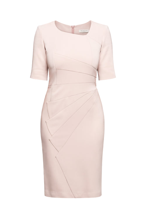 Powder Pink Fitted Knee Length Dress with Asymmetrical Neckline