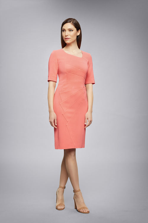 Coral Fitted Knee Length Dress with Asymmetrical Neckline