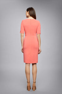 Coral Fitted Knee Length Dress with Asymmetrical Neckline