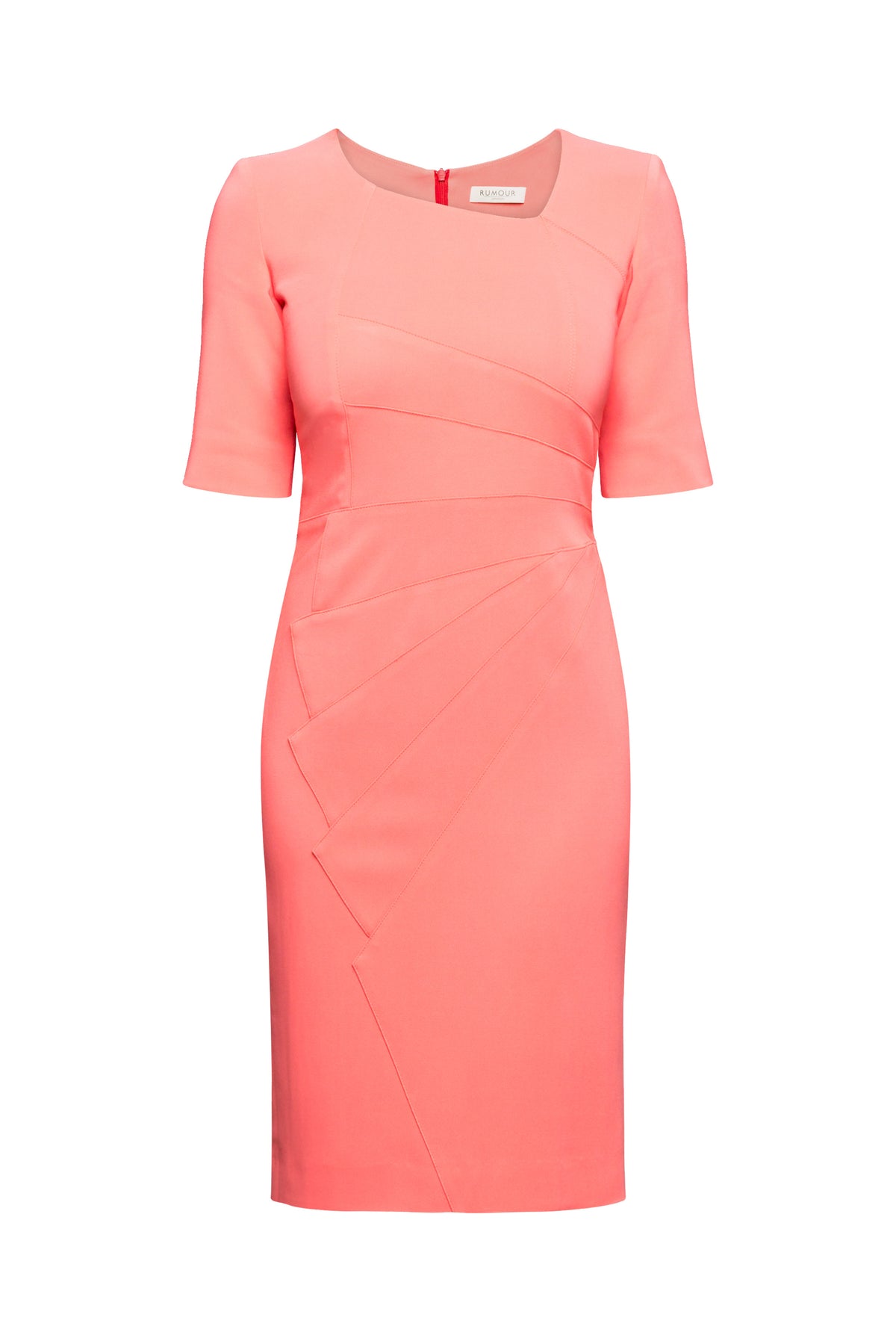 Coral Fitted Knee Length Dress with Asymmetrical Neckline