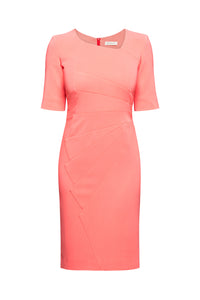 Coral Fitted Knee Length Dress with Asymmetrical Neckline